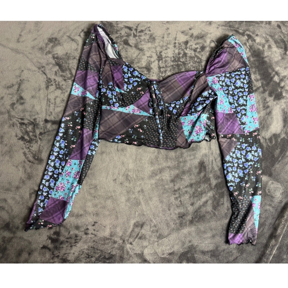 SHEIN MOD Women Patchwork Floral Plaid Long Sleeve Tie Front Crop Top Purple L